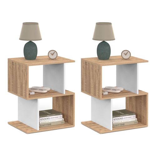 Lot De 2 Tables De Chevet Sofia Forme S Avec Rangements Ouverts Effet Hêtre Et Blanc