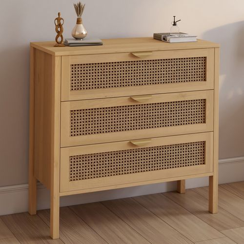 Commode 3 Tiroirs Edhen 80 Cm Cannage Coloris Bois