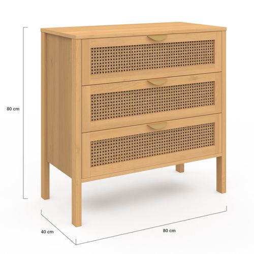 Commode 3 Tiroirs Edhen 80 Cm Cannage Coloris Bois
