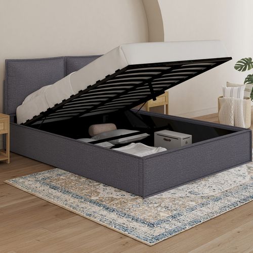 Lit Coffre Double Pilou Avec Tête De Lit Oreiller Et Sommier 140 X 190 Cm Tissu Gris Anthracite