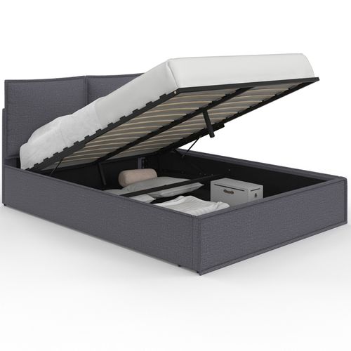 Lit Coffre Double Pilou Avec Tête De Lit Oreiller Et Sommier 140 X 190 Cm Tissu Gris Anthracite