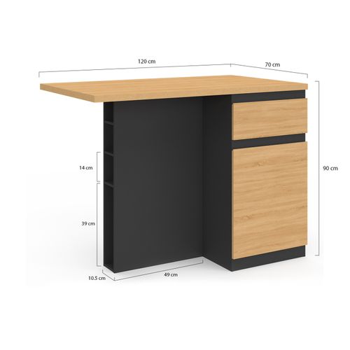 Ilot Central Tino 120 Cm Avec Range-bouteilles 4 Personnes Bois Noir Avec Plan De Travail Façon Hêtr