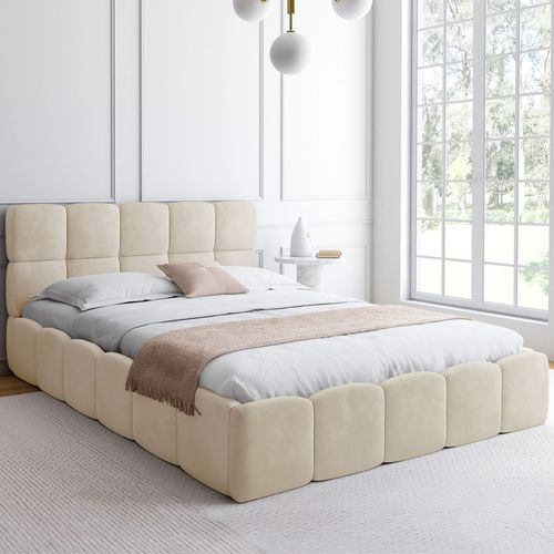 Lit Coffre Double Nuage Avec Tête De Lit Matelassée Et Sommier 140 X 190 Cm Velours Beige