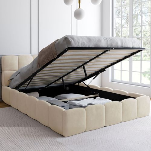 Lit Coffre Double Nuage Avec Tête De Lit Matelassée Et Sommier 140 X 190 Cm Velours Beige
