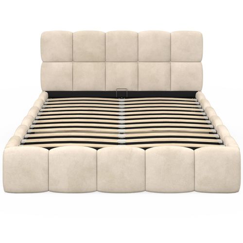 Lit Coffre Double Nuage Avec Tête De Lit Matelassée Et Sommier 140 X 190 Cm Velours Beige