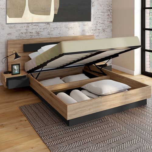 Lit Coffre Double Santa Avec Tête De Lit + Tables De Chevets Intégrées Et Sommier 140 X 190 Cm Bois