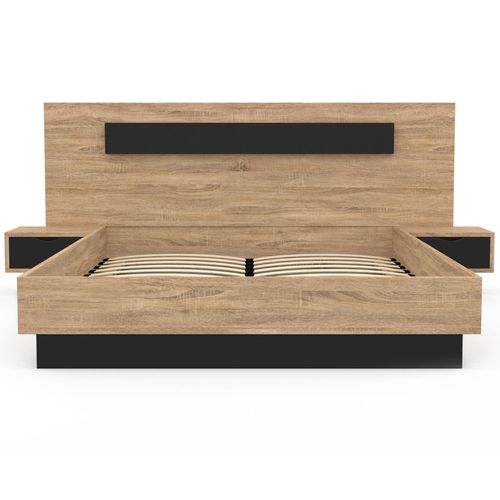Lit Coffre Double Santa Avec Tête De Lit + Tables De Chevets Intégrées Et Sommier 140 X 190 Cm Bois