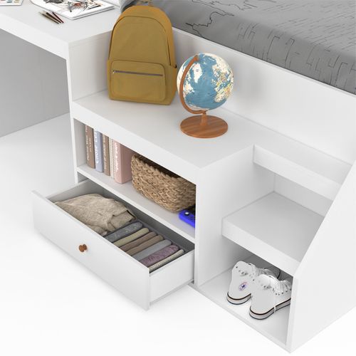 Lit Combiné Avec Sommier, Bureau Et Rangement Leopold 90 X 190 Cm Blanc