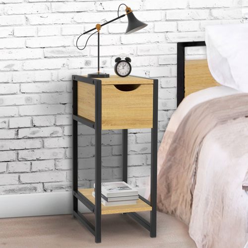 Lot De 2 Tables De Chevet Detroit 1 Tiroir Avec Tablette Gain De Place Bois Et Métal Noir Design Ind