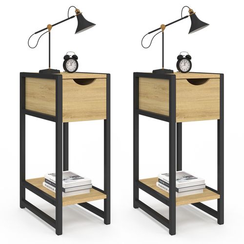 Lot De 2 Tables De Chevet Detroit 1 Tiroir Avec Tablette Gain De Place Bois Et Métal Noir Design Ind