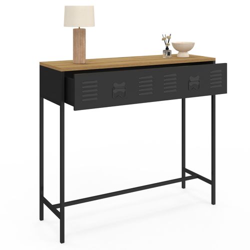 Console 1 Tiroir Ester Métal Noir Plateau Bois Design Industriel