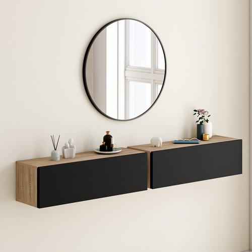 Lot De 2 Consoles Suspendues Étagères Murales Elyos 1 Porte Bois Et Noir