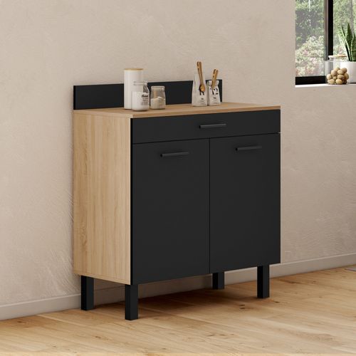 Buffet Bas De Cuisine 80 Cm Cina Plan De Travail H.83 Cm 2 Portes + Tiroir Façon Hêtre Et Noir