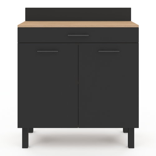 Buffet Bas De Cuisine 80 Cm Cina Plan De Travail H.83 Cm 2 Portes + Tiroir Façon Hêtre Et Noir