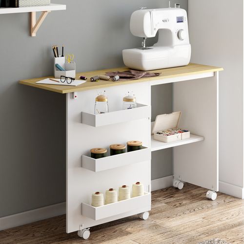 Table De Couture Pliable à Roulettes Meuble Pour Machine à Coudre Avec 4 Étagères