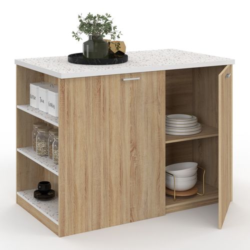Ilot Central Tibo 120 Cm Bois Façon Hêtre Avec Plan De Travail Effet Terrazzo Simone