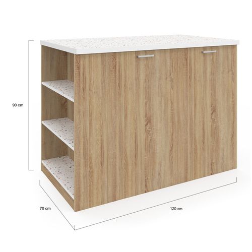 Ilot Central Tibo 120 Cm Bois Façon Hêtre Avec Plan De Travail Effet Terrazzo Simone