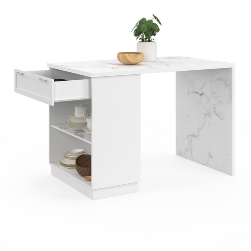 Ilot Central Mange-debout 4 Personnes Vito 130 Cm Blanc Et Plateau Marbre Alaska