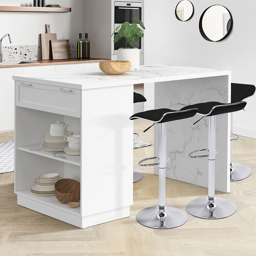 Ilot Central Mange-debout 4 Personnes Vito 130 Cm Blanc Et Plateau Marbre Alaska