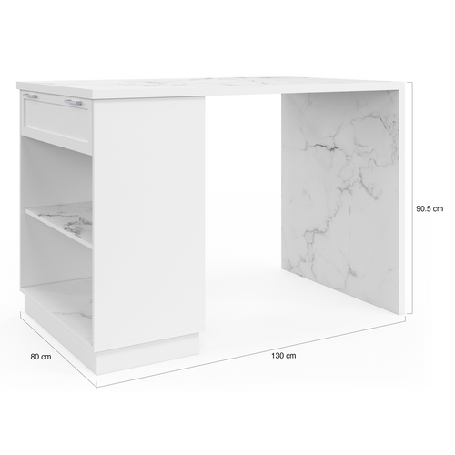 Ilot Central Mange-debout 4 Personnes Vito 130 Cm Blanc Et Plateau Marbre Alaska