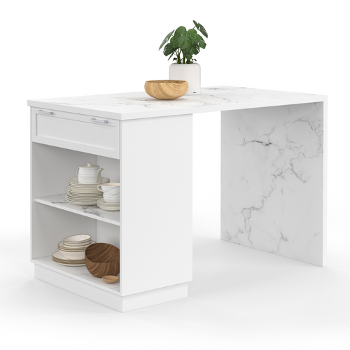 Ilot Central Mange-debout 4 Personnes Vito 130 Cm Blanc Et Plateau Marbre Alaska