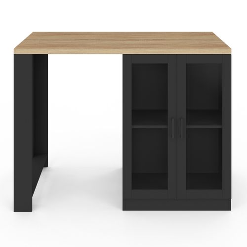 Ilot Central Lino 120 Cm 2 Personnes Bois Noir Avec Plan De Travail Façon Hêtre Et Portes Vitrées