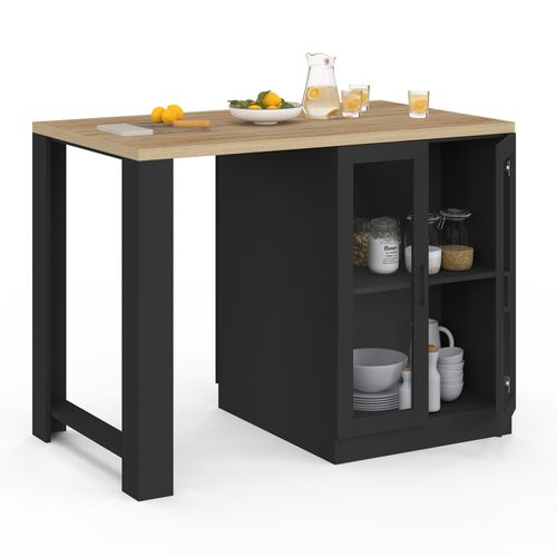 Ilot Central Lino 120 Cm 2 Personnes Bois Noir Avec Plan De Travail Façon Hêtre Et Portes Vitrées