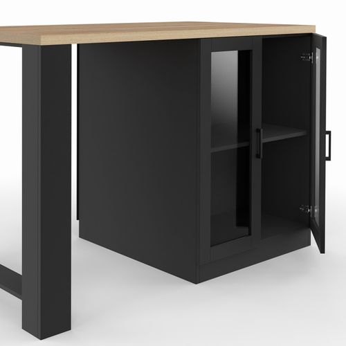 Ilot Central Lino 120 Cm 2 Personnes Bois Noir Avec Plan De Travail Façon Hêtre Et Portes Vitrées