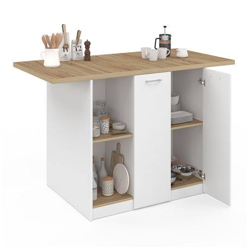 Ilot Central Bao 140 Cm 4 Personnes Bois Blanc Avec Plan De Travail Façon Hêtre