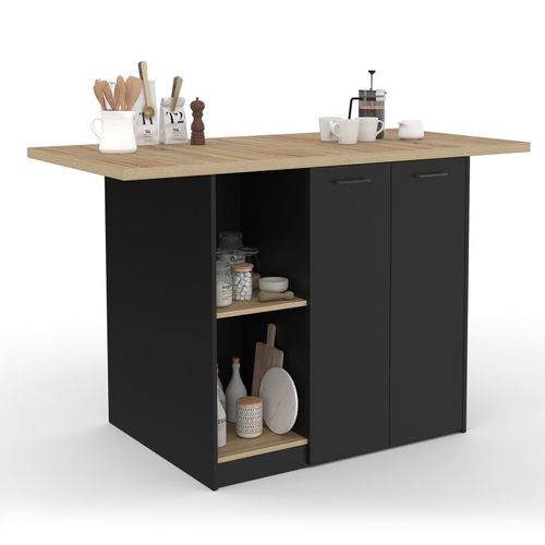Ilot Central Bao 140 Cm 4 Personnes Bois Noir Avec Plan De Travail Façon Hêtre