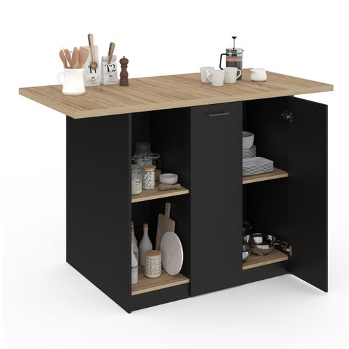 Ilot Central Bao 140 Cm 4 Personnes Bois Noir Avec Plan De Travail Façon Hêtre