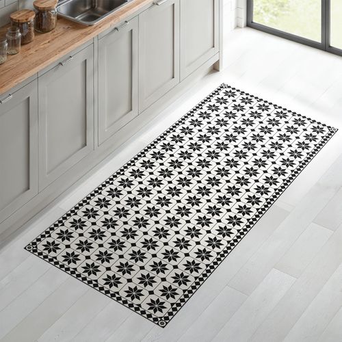 Tapis En Vinyle Effet Mosaïque Noir Et Blanc 66 X 160 Cm