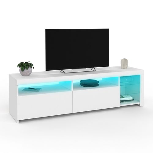 Meuble TV 140 Cm Solveig Placards Et Étagères En Verre Avec LED Blanc Laqué