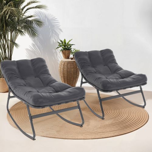 Lot De 2 Fauteuils De Jardin à Bascule Arona Gris Anthracite Coussin Gris