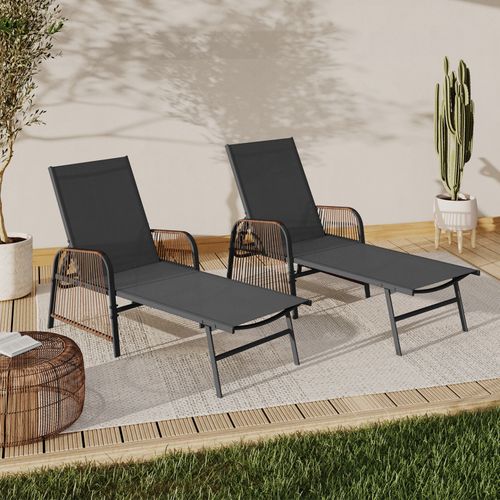 Lot De 2 Transats De Jardin Inclinables Rio En Acier Gris Anthracite, Cordage Effet Rotin Avec Accou