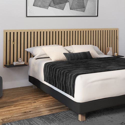 Tête De Lit Suspendue En Lattes Verticales Aria 240 Cm Et Étagères Bois Et Noir