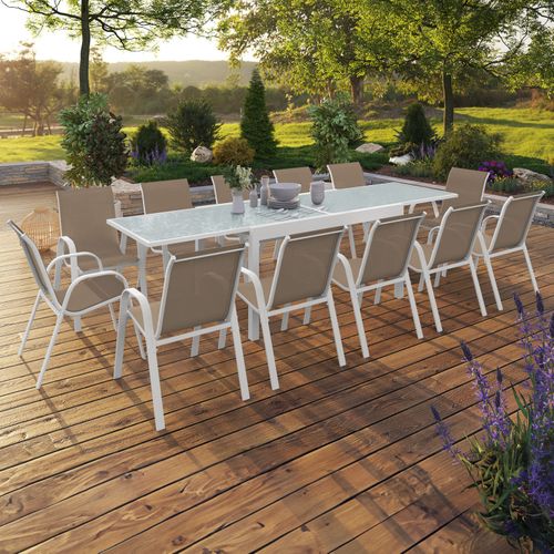 Salon De Jardin Madrid Table Extensible 135-270 Cm Et 12 Chaises Empilables Blanc Et Beige