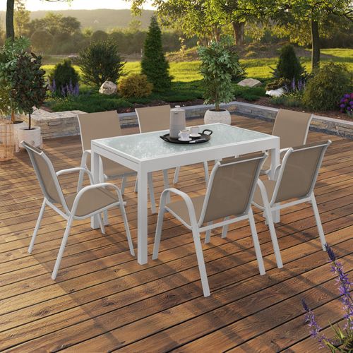 Salon De Jardin Madrid Table Extensible 135-270 Cm Et 12 Chaises Empilables Blanc Et Beige