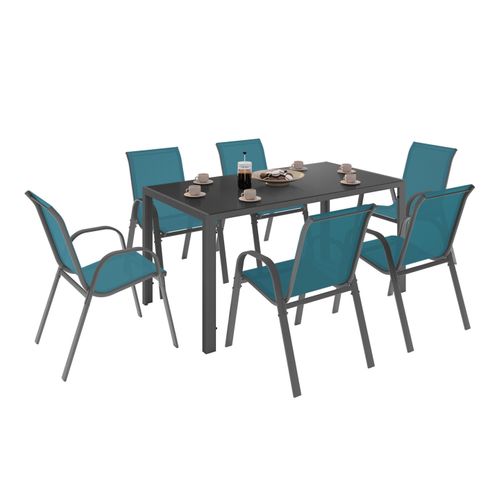 Salon De Jardin Madrid Table 150 Cm Et 6 Chaises Empilables Bleu Canard