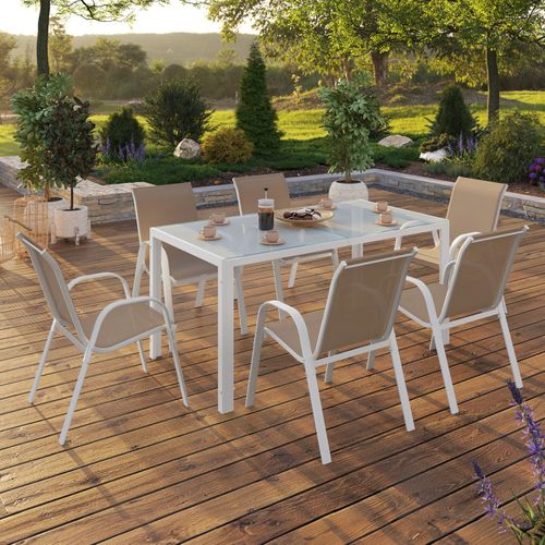 Salon De Jardin Madrid Table 150 Cm Et 6 Chaises Empilables Blanc Et Beige