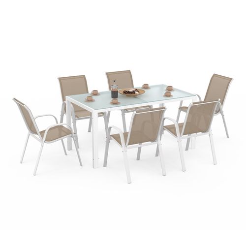 Salon De Jardin Madrid Table 150 Cm Et 6 Chaises Empilables Blanc Et Beige