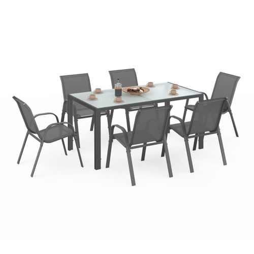 Salon De Jardin Madrid Table 150 Cm Et 6 Chaises Empilables Gris Anthracite Plateau Clair