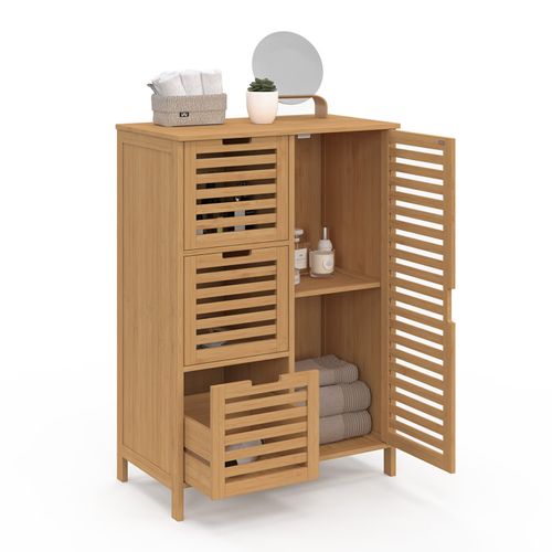 Meuble De Rangement Salle De Bain Bambou Bea 3 Tiroirs Avec Placard