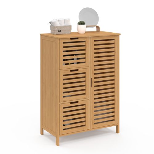 Meuble De Rangement Salle De Bain Bambou Bea 3 Tiroirs Avec Placard