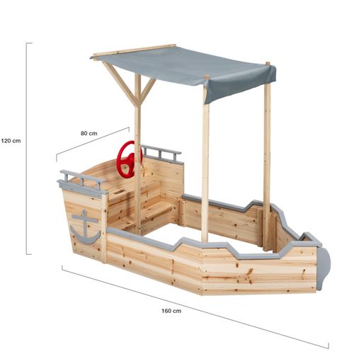 Bac à Sable World Bois Bateau De Pirate Avec Banc Coffre Et Toit Gris