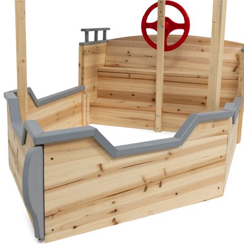 Bac à Sable World Bois Bateau De Pirate Avec Banc Coffre Et Toit Gris
