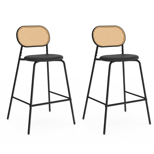 Lot De 2 Tabourets De Bar Vintage Clotilde En Métal Noir Et Dossier Cannage