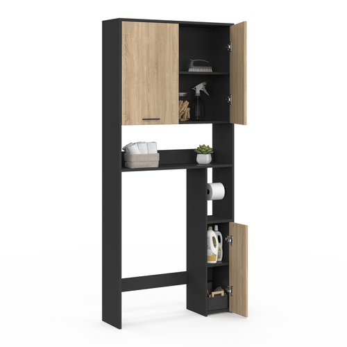 Meuble Étagère Dessus Wc Wallis Noir Et Bois Façon Hêtre