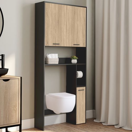 Meuble Étagère Dessus Wc Wallis Noir Et Bois Façon Hêtre