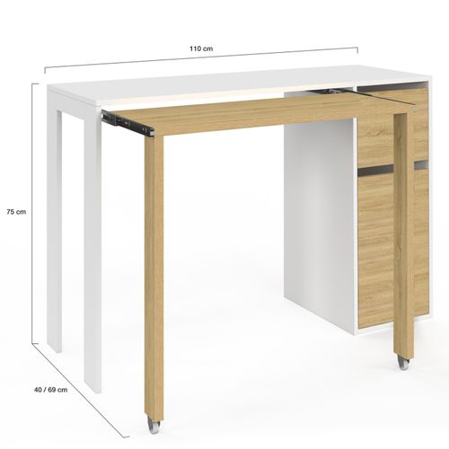 Bureau Extensible Ron Avec Colonne De Rangement Tiroir Et Placard Blanc Et Bois